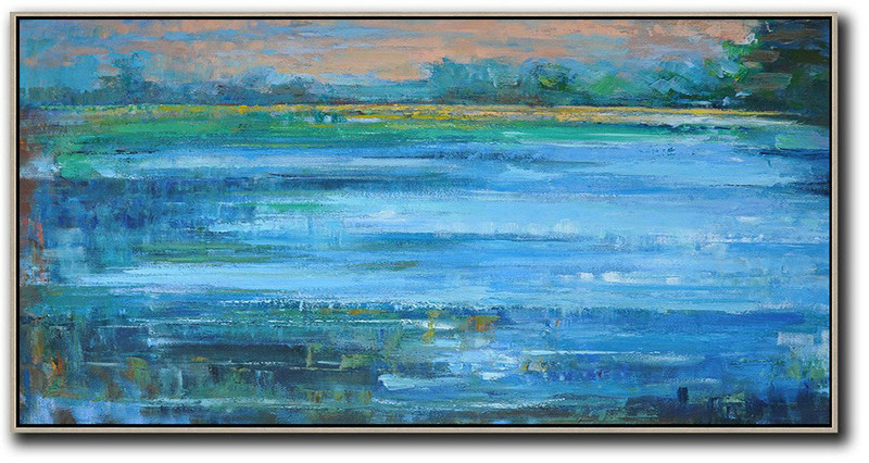 Abstract Painting Extra Large Canvas Art,Panoramic Abstract Landscape Painting,Original Art Blue,Earthy Yellow ,Green